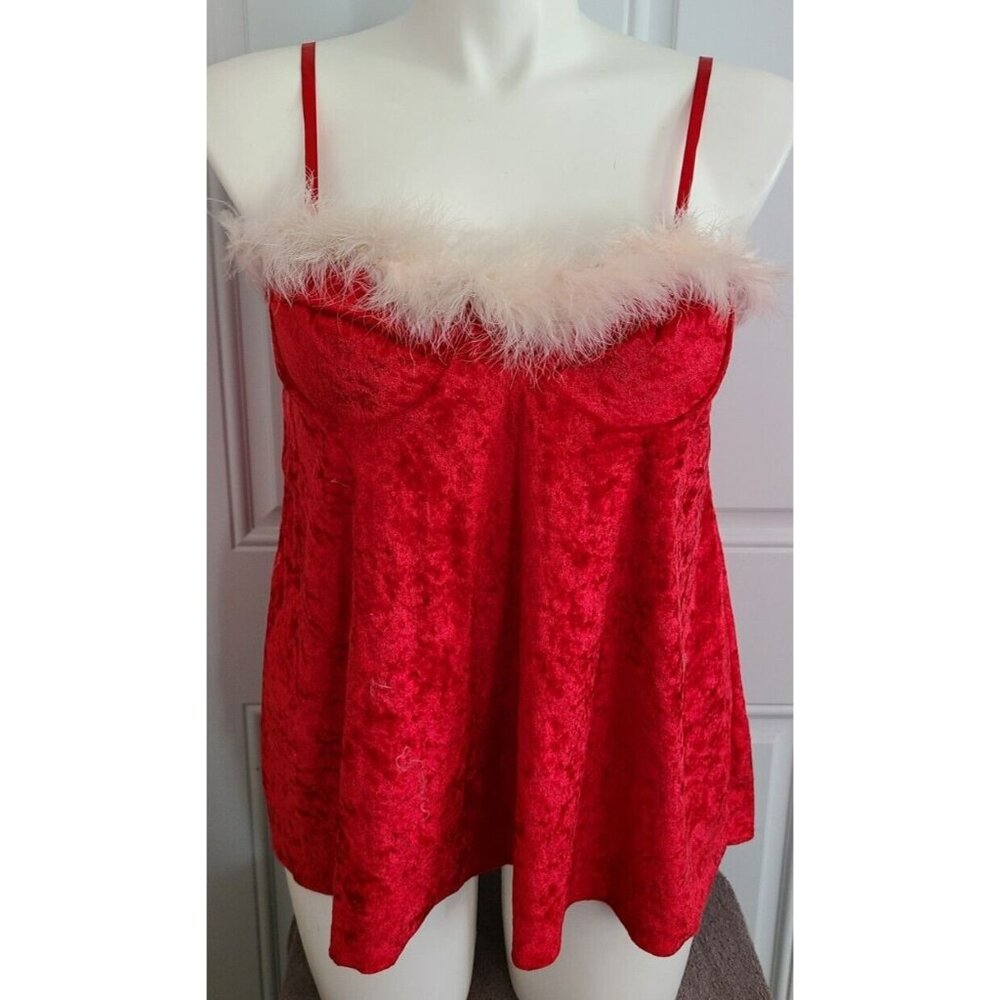 Vtg Unbranded Sleeveless Babydoll Nightie Top Red Velvet White Feather Trim Sz L